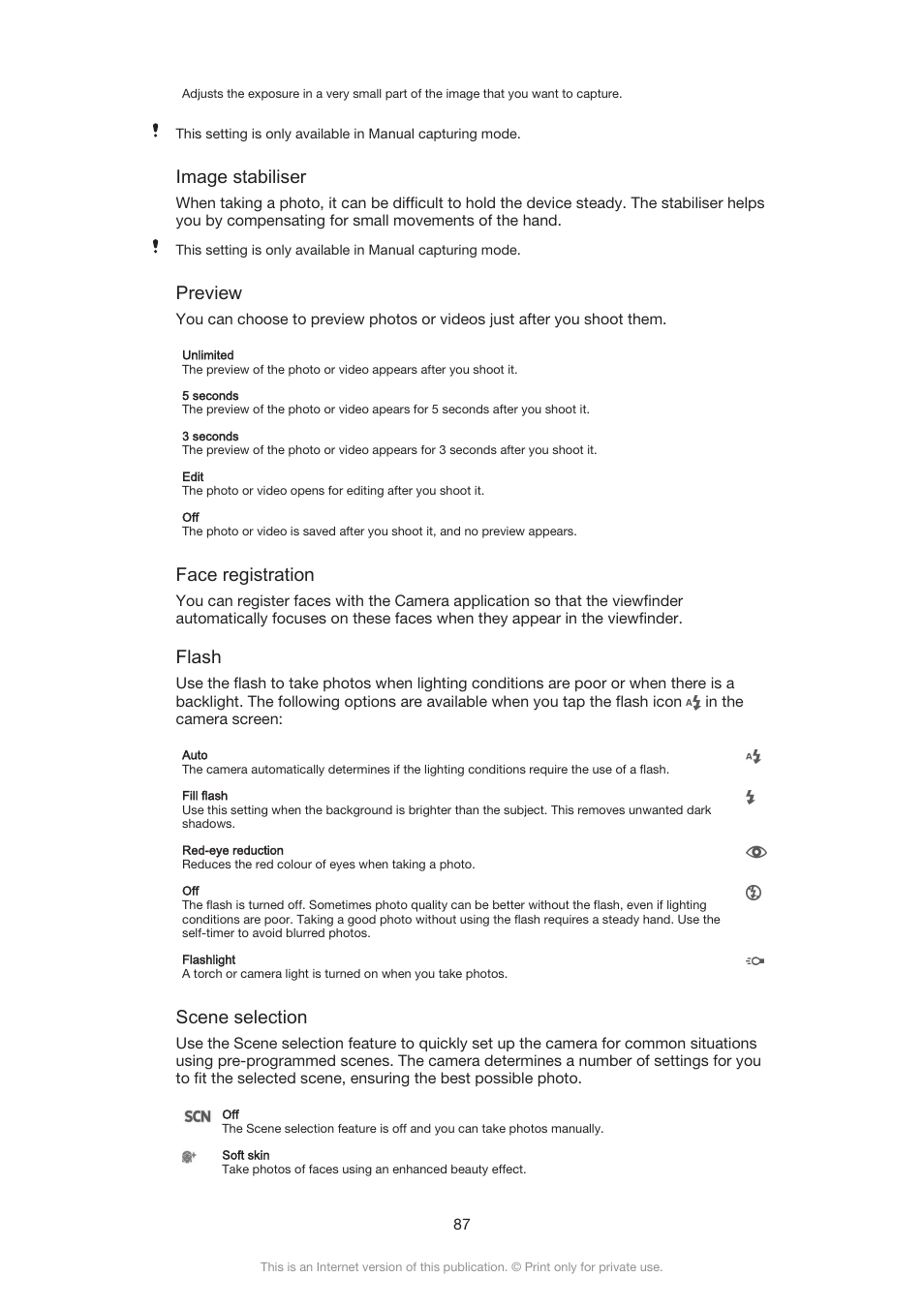 Image stabiliser, Preview, Face registration | Flash, Scene selection | Sony Xperia Z3 Compact User Manual | Page 87 / 133