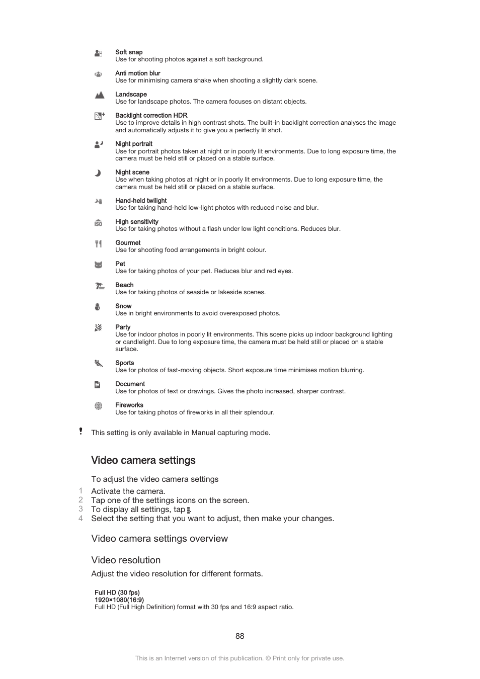 Video camera settings, Video camera settings overview video resolution | Sony Xperia Z3 Compact User Manual | Page 88 / 133