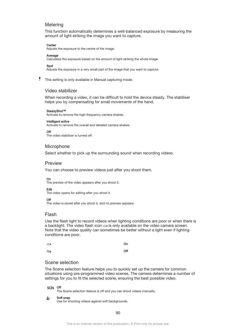 Metering, Video stabilizer, Microphone | Preview, Flash, Scene selection | Sony Xperia Z3 Compact User Manual | Page 90 / 133