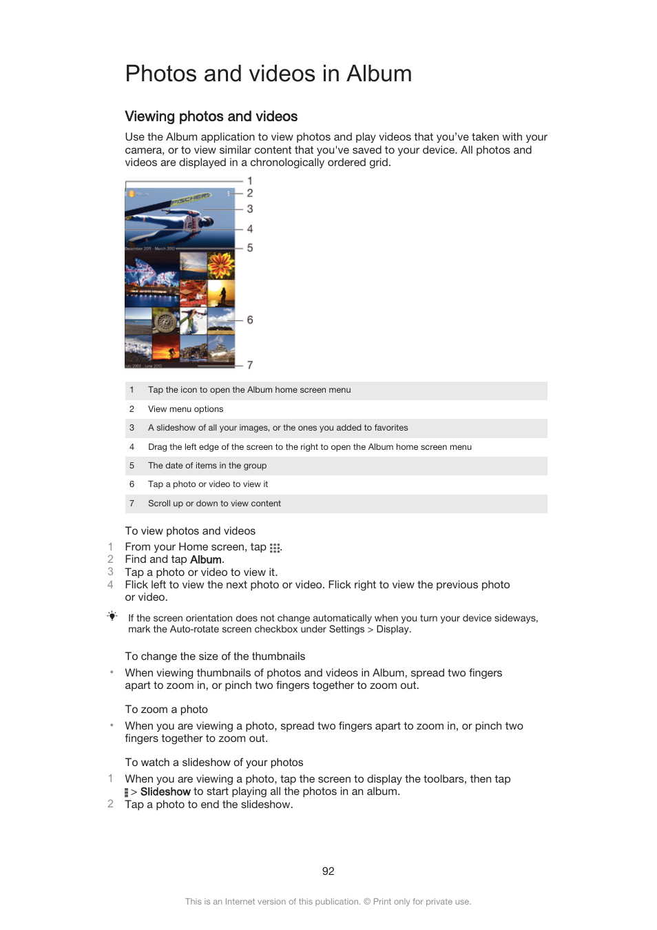 Photos and videos in album, Viewing photos and videos | Sony Xperia Z3 Compact User Manual | Page 92 / 133