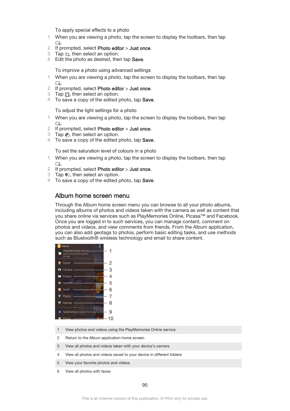 Album home screen menu | Sony Xperia Z3 Compact User Manual | Page 95 / 133