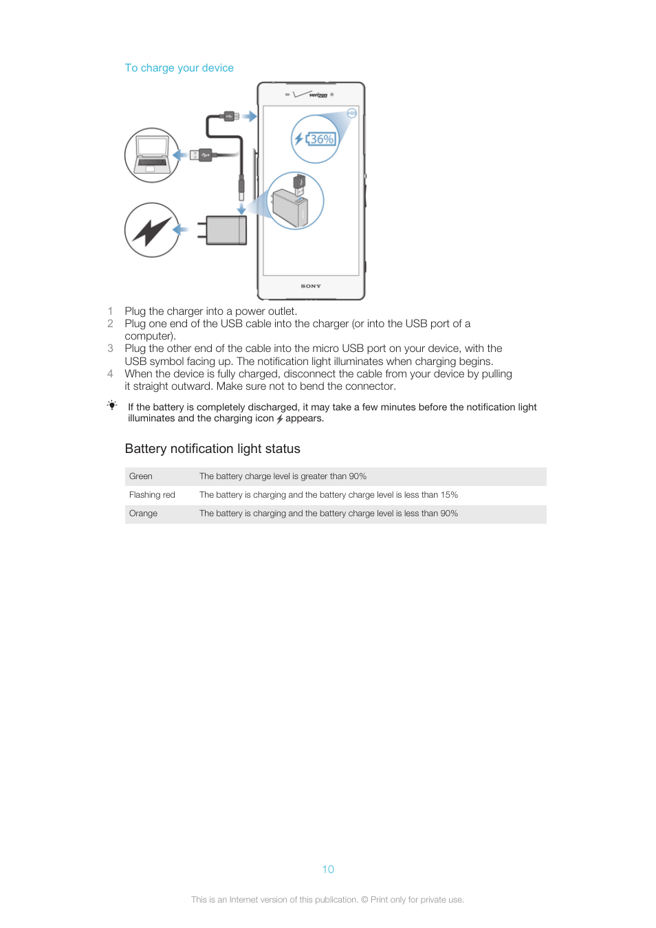 Battery notification light status | Sony XPERIA Z3v User Manual | Page 10 / 116