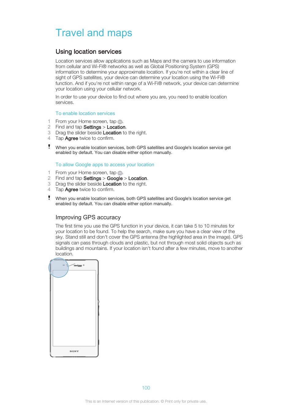 Travel and maps, Using location services | Sony XPERIA Z3v User Manual | Page 100 / 116