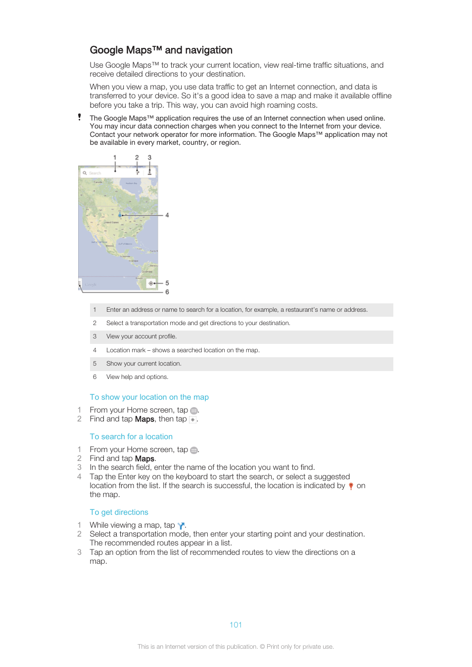 Google maps™‎ and navigation, Google maps™ and navigation | Sony XPERIA Z3v User Manual | Page 101 / 116