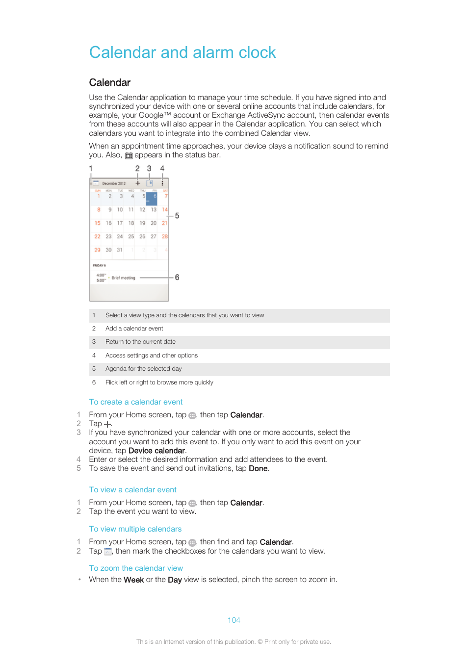 Calendar and alarm clock, Calendar | Sony XPERIA Z3v User Manual | Page 104 / 116