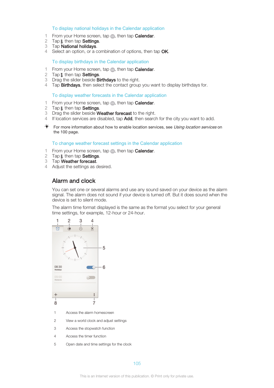 Alarm and clock | Sony XPERIA Z3v User Manual | Page 105 / 116