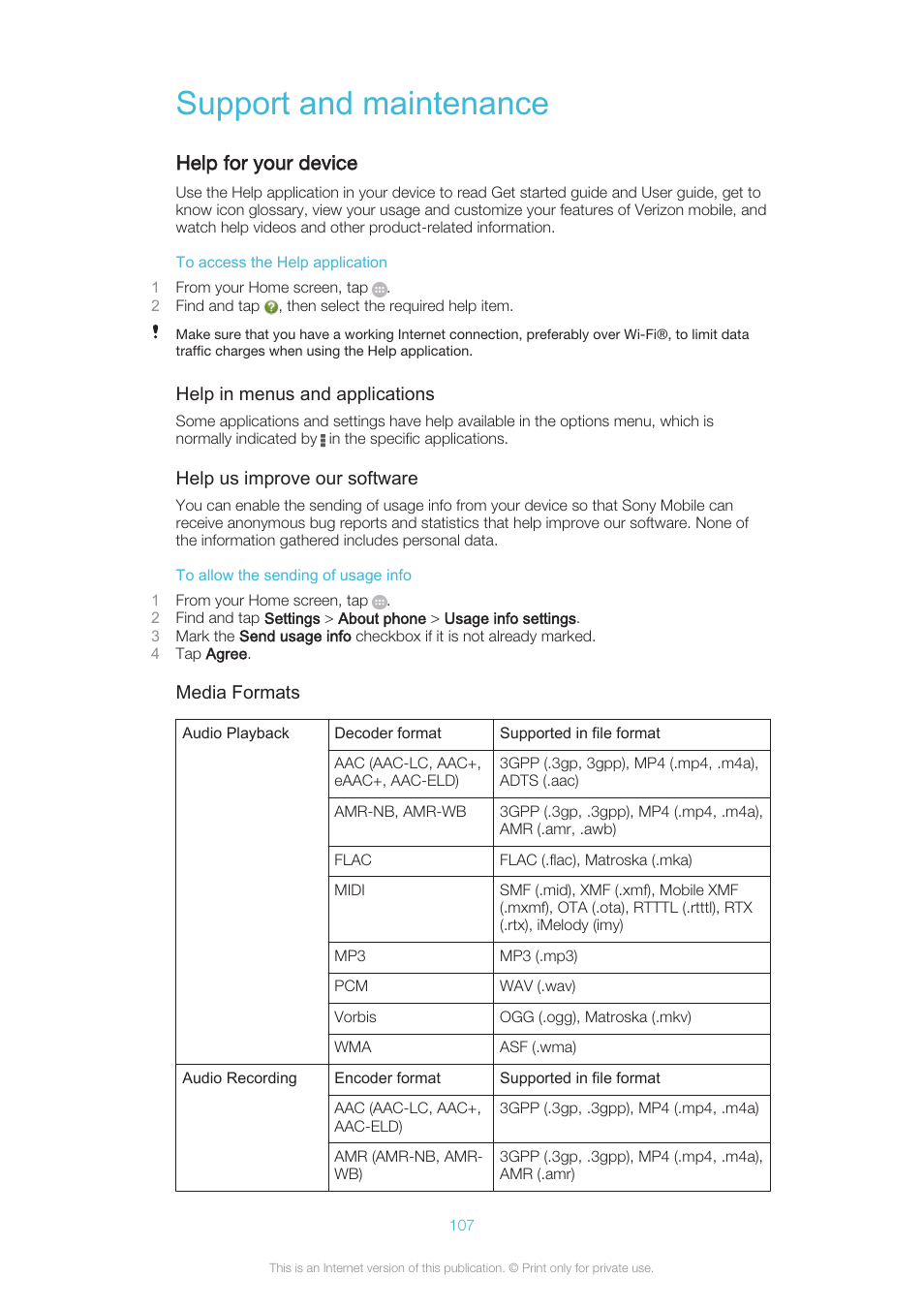 Support and maintenance, Help for your device | Sony XPERIA Z3v User Manual | Page 107 / 116