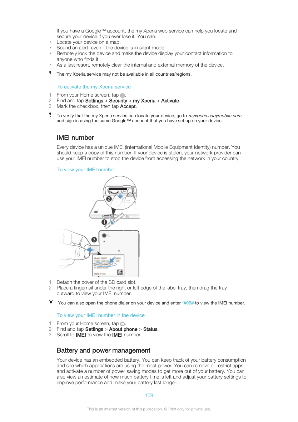 Imei number, Battery and power management | Sony XPERIA Z3v User Manual | Page 109 / 116