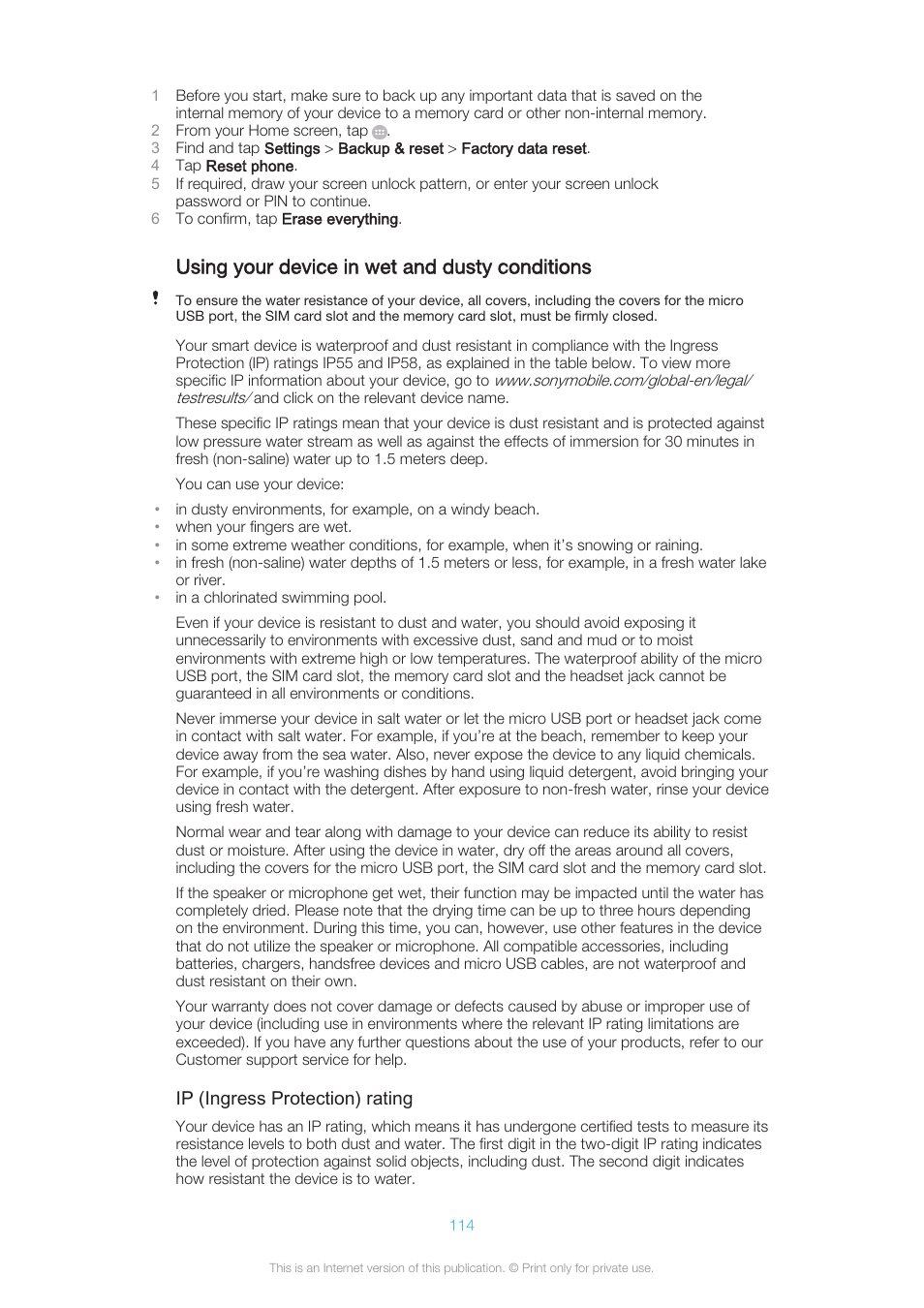 Using your device in wet and dusty conditions | Sony XPERIA Z3v User Manual | Page 114 / 116