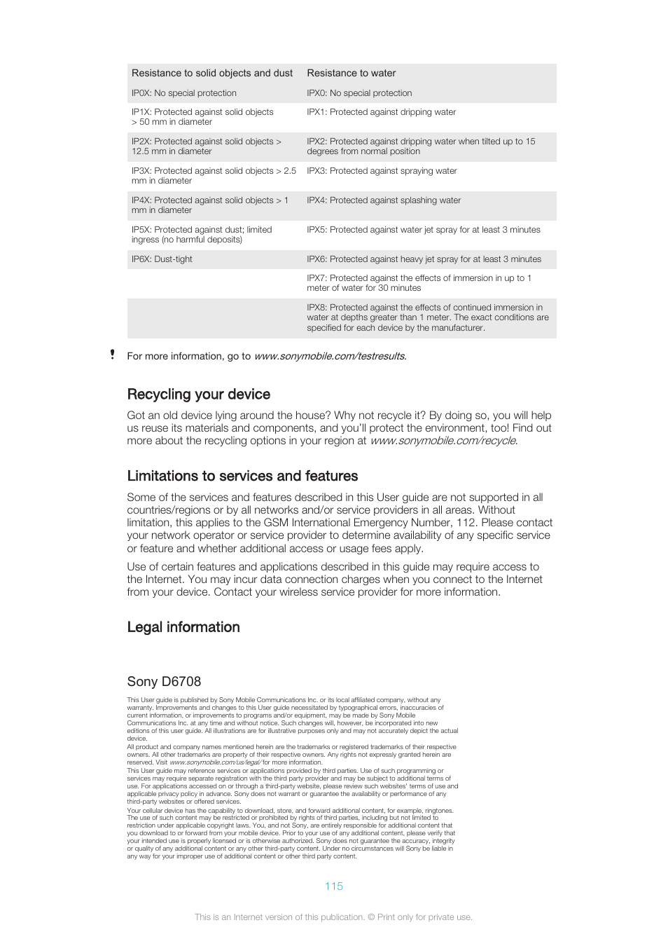 Recycling your device, Limitations to services and features, Legal information | Sony d6708 | Sony XPERIA Z3v User Manual | Page 115 / 116