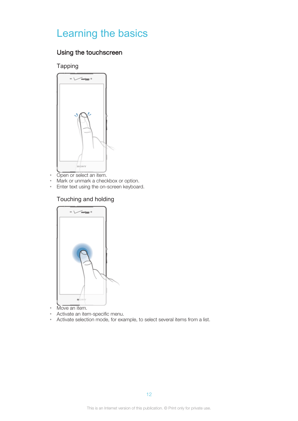Learning the basics, Using the touchscreen | Sony XPERIA Z3v User Manual | Page 12 / 116