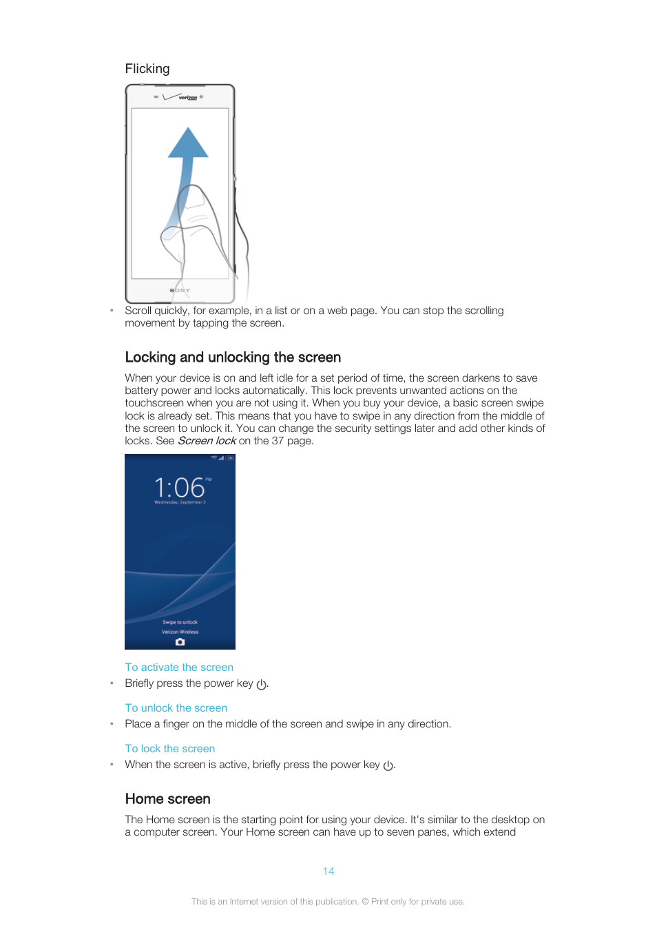 Locking and unlocking the screen, Home screen | Sony XPERIA Z3v User Manual | Page 14 / 116