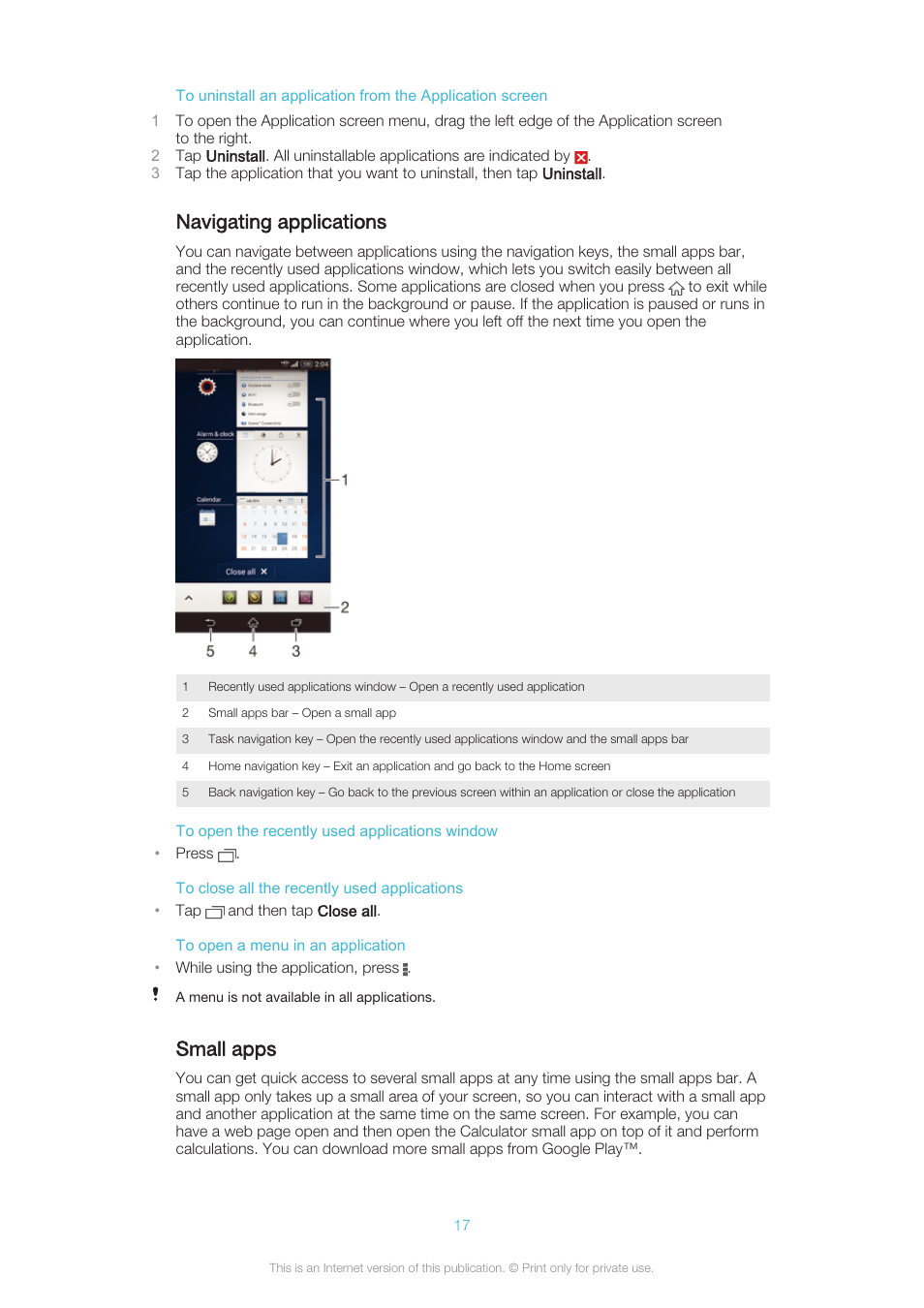 Navigating applications, Small apps | Sony XPERIA Z3v User Manual | Page 17 / 116