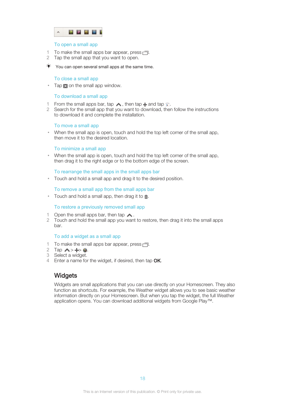 Widgets | Sony XPERIA Z3v User Manual | Page 18 / 116