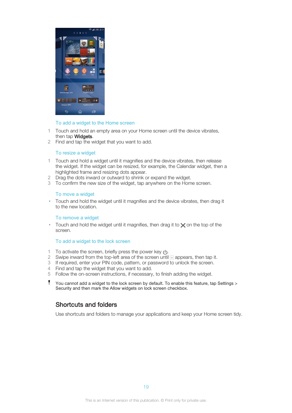 Shortcuts and folders | Sony XPERIA Z3v User Manual | Page 19 / 116