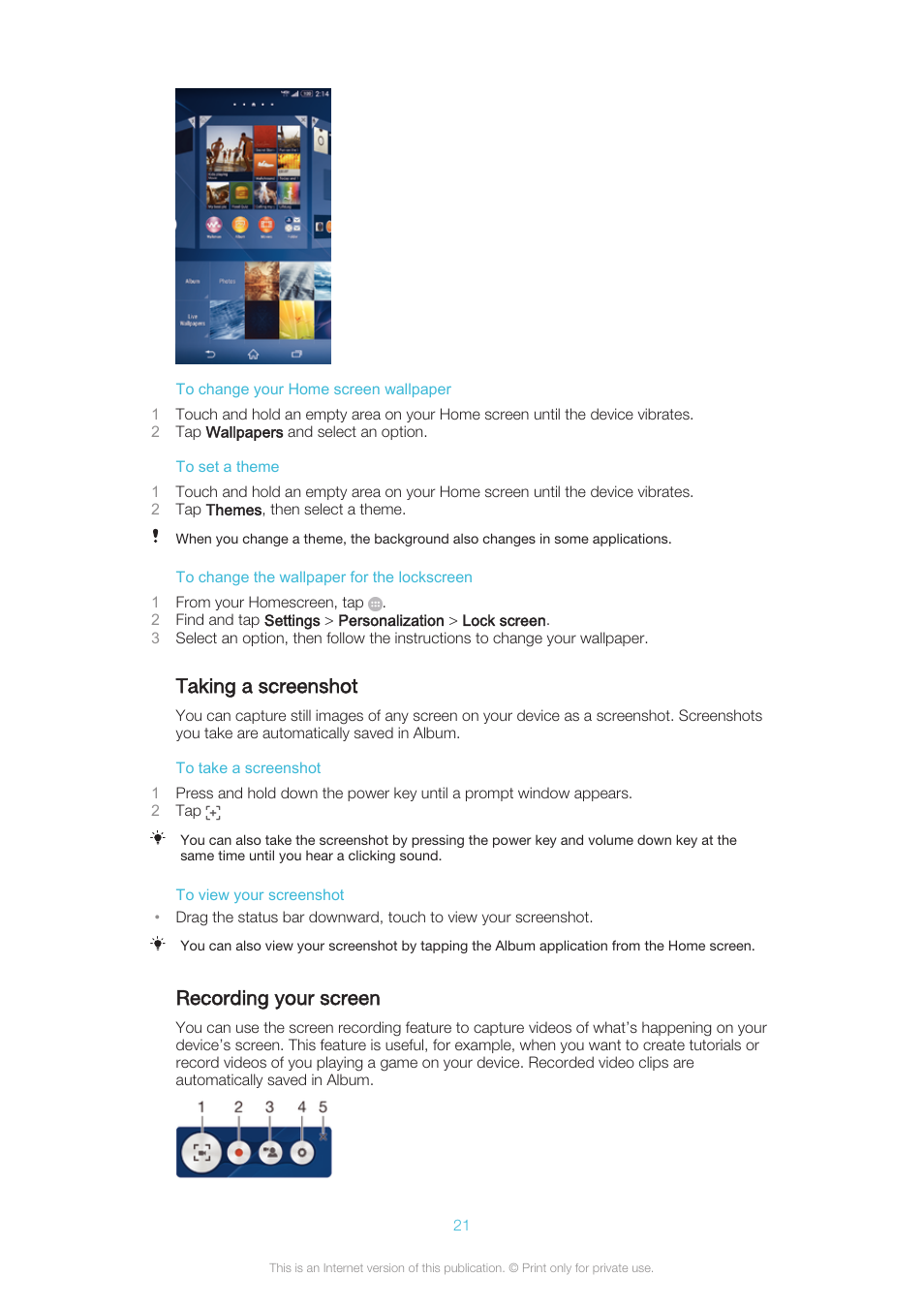 Taking a screenshot, Recording your screen | Sony XPERIA Z3v User Manual | Page 21 / 116