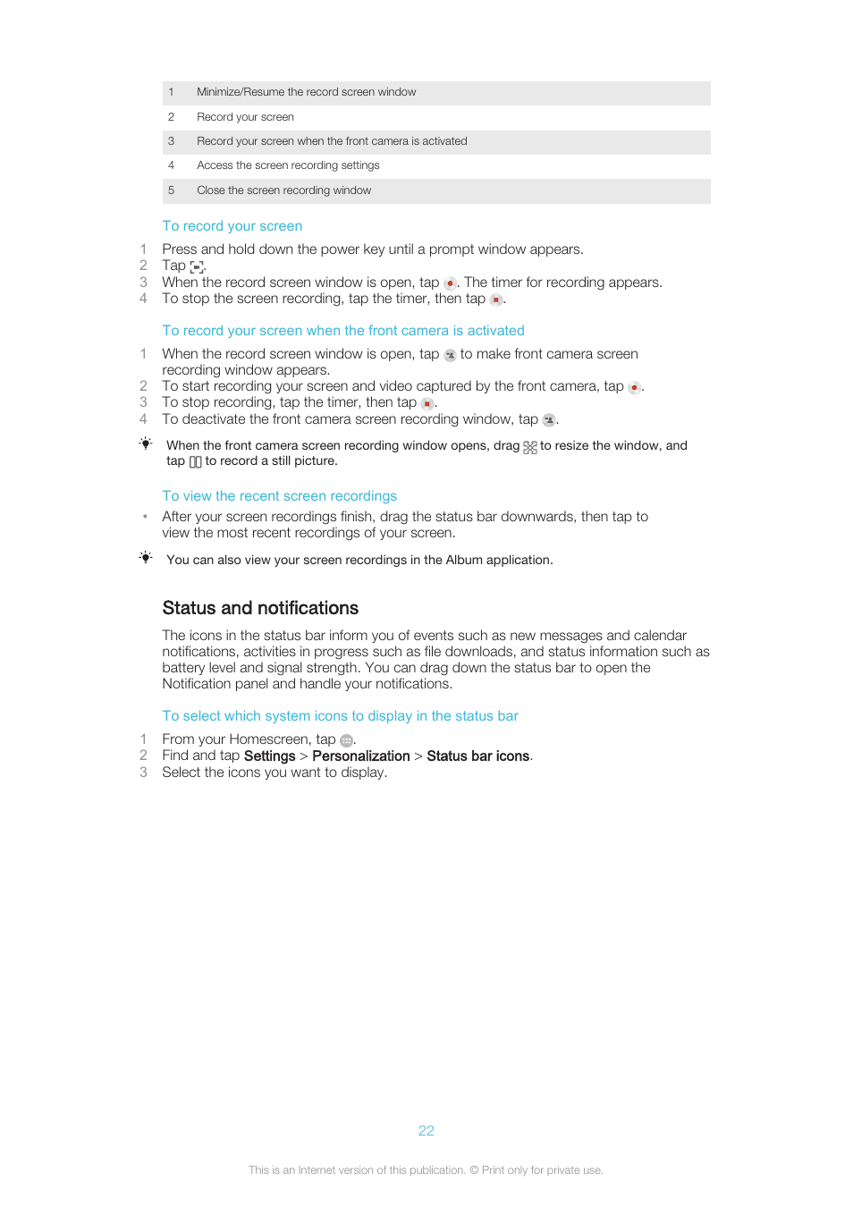 Status and notifications | Sony XPERIA Z3v User Manual | Page 22 / 116