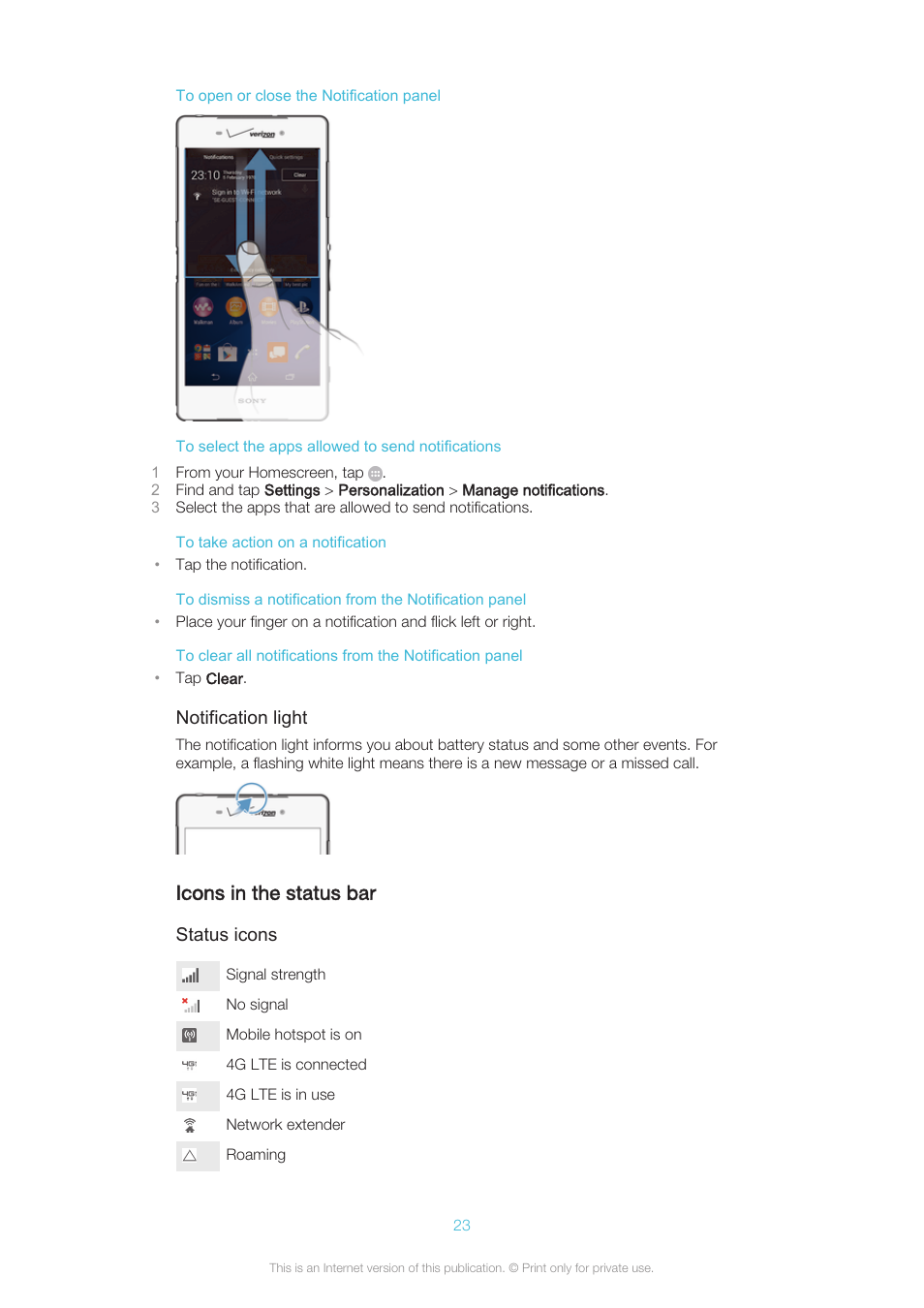 Icons in the status bar | Sony XPERIA Z3v User Manual | Page 23 / 116
