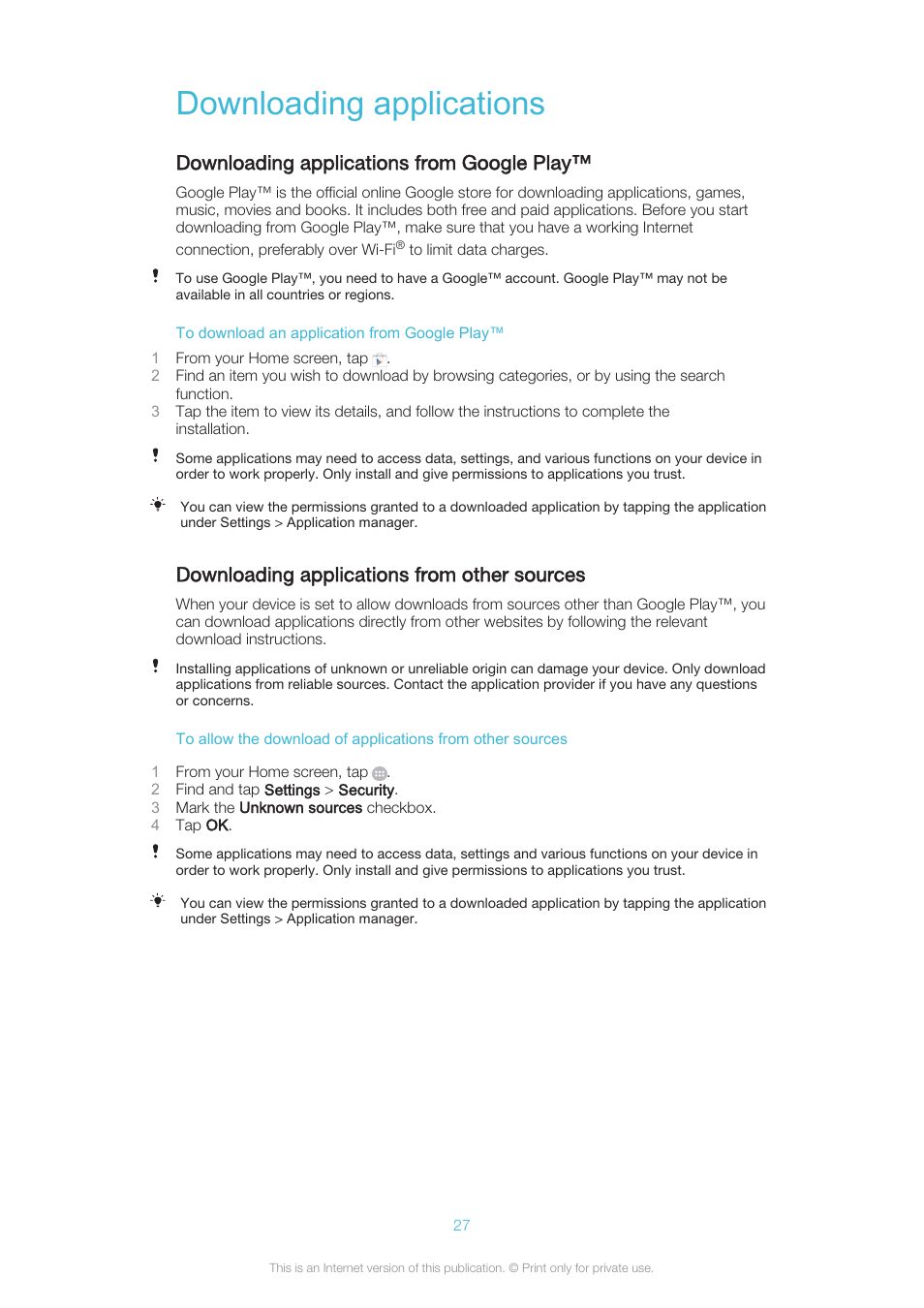 Downloading applications, Downloading applications from google play, Downloading applications from other sources | Sony XPERIA Z3v User Manual | Page 27 / 116