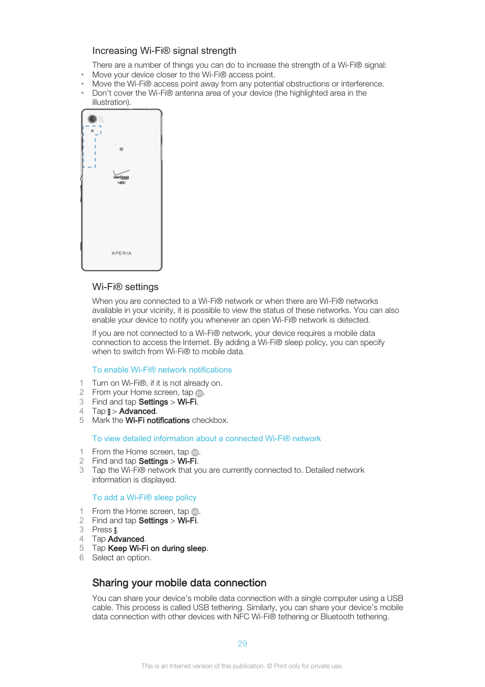 Sharing your mobile data connection | Sony XPERIA Z3v User Manual | Page 29 / 116