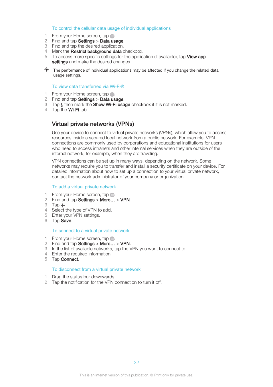 Virtual private networks (vpns) | Sony XPERIA Z3v User Manual | Page 32 / 116