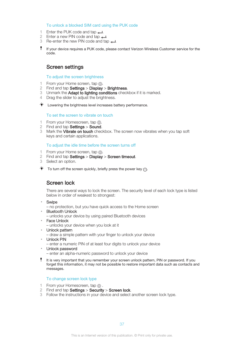 Screen settings, Screen lock | Sony XPERIA Z3v User Manual | Page 37 / 116