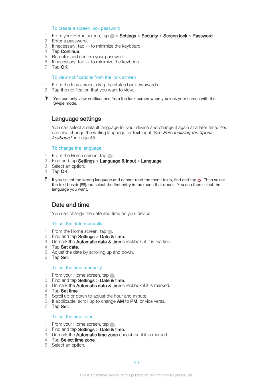 Language settings, Date and time | Sony XPERIA Z3v User Manual | Page 39 / 116