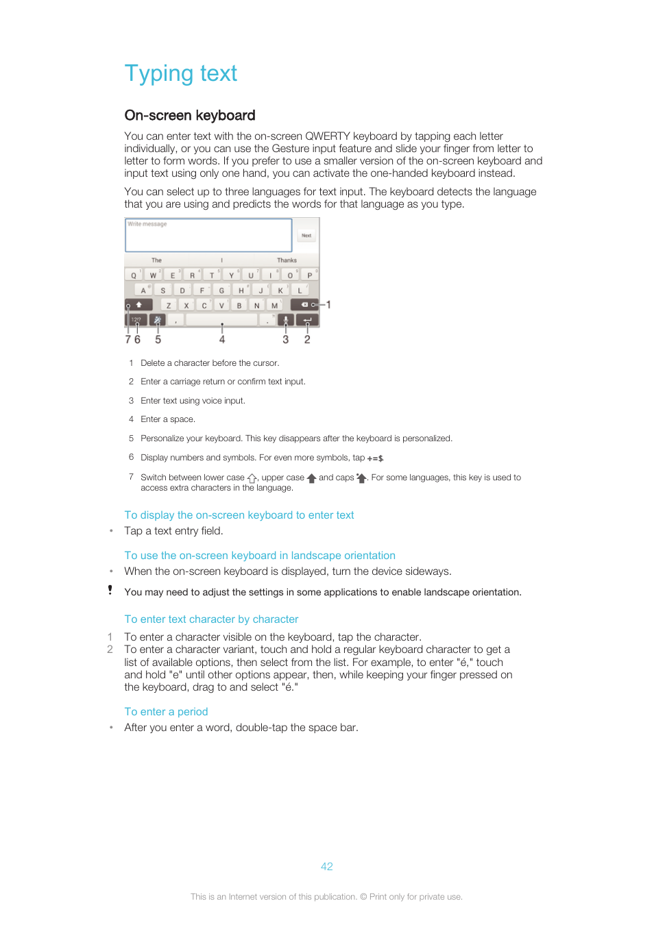Typing text, On-screen keyboard | Sony XPERIA Z3v User Manual | Page 42 / 116
