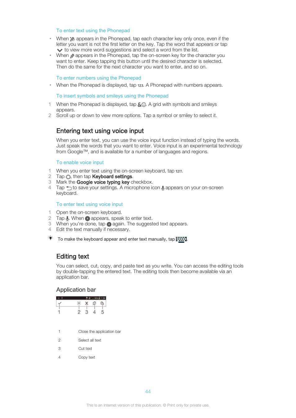 Entering text using voice input, Editing text, Application bar | Sony XPERIA Z3v User Manual | Page 44 / 116