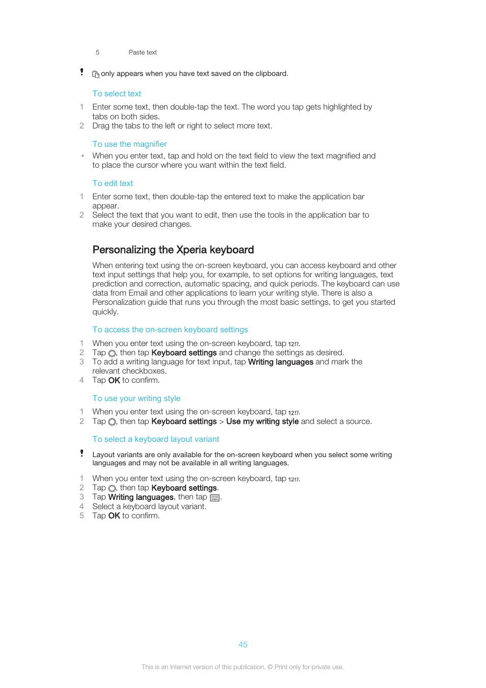 Personalizing the xperia keyboard | Sony XPERIA Z3v User Manual | Page 45 / 116