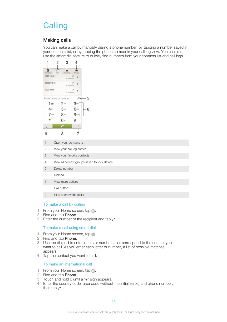 Calling, Making calls | Sony XPERIA Z3v User Manual | Page 46 / 116