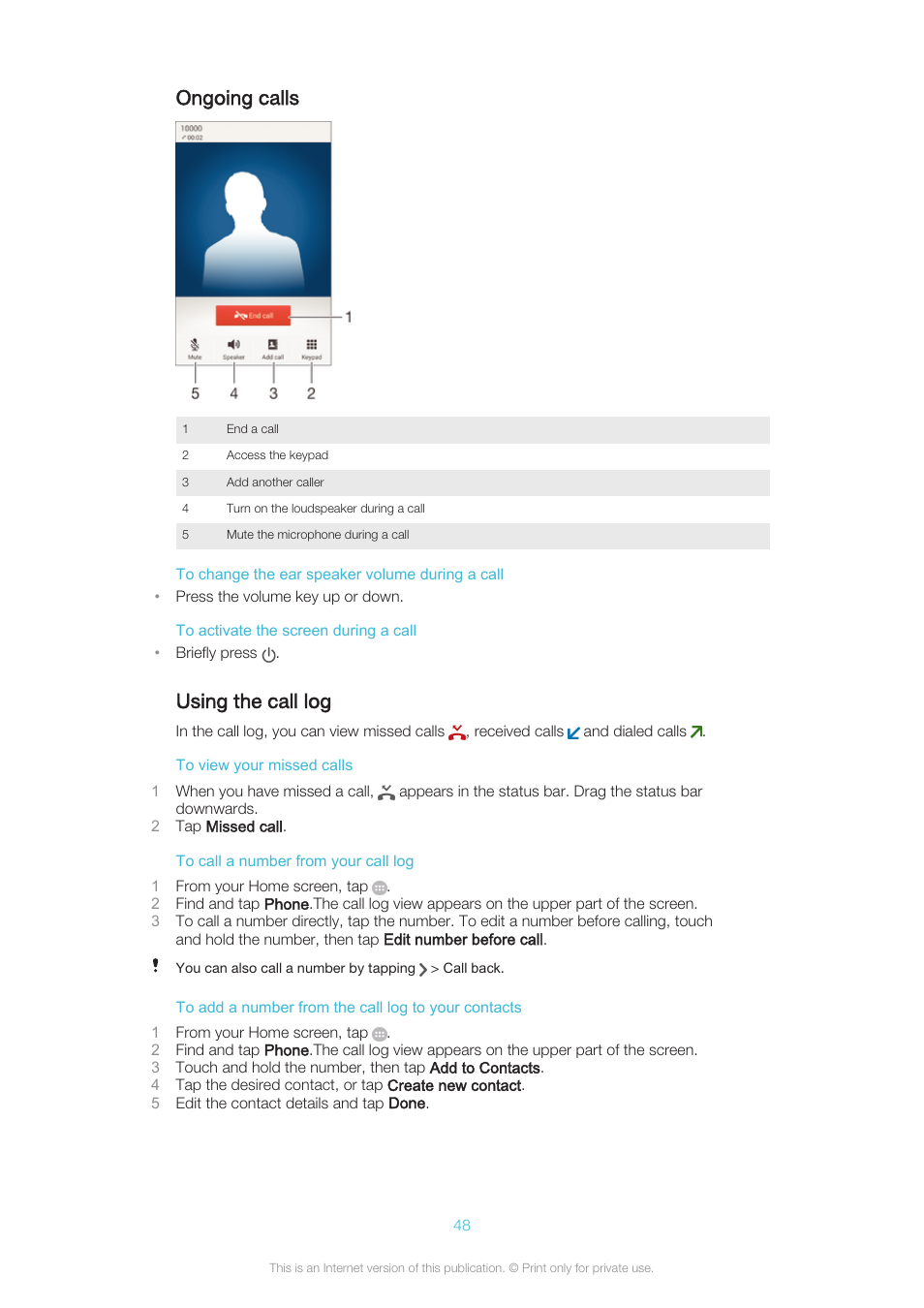 Ongoing calls, Using the call log | Sony XPERIA Z3v User Manual | Page 48 / 116