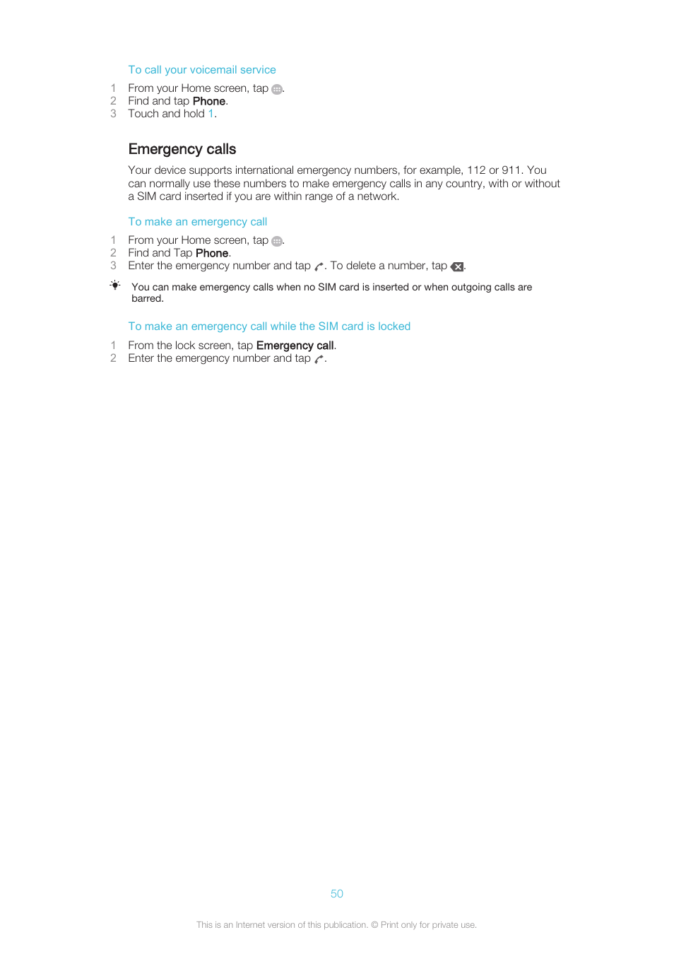 Emergency calls | Sony XPERIA Z3v User Manual | Page 50 / 116