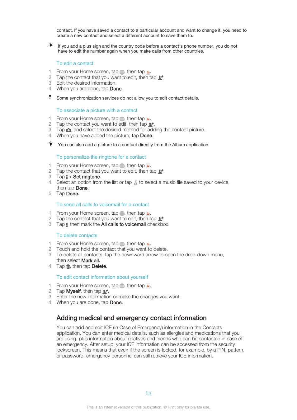 Adding medical and emergency contact information | Sony XPERIA Z3v User Manual | Page 53 / 116