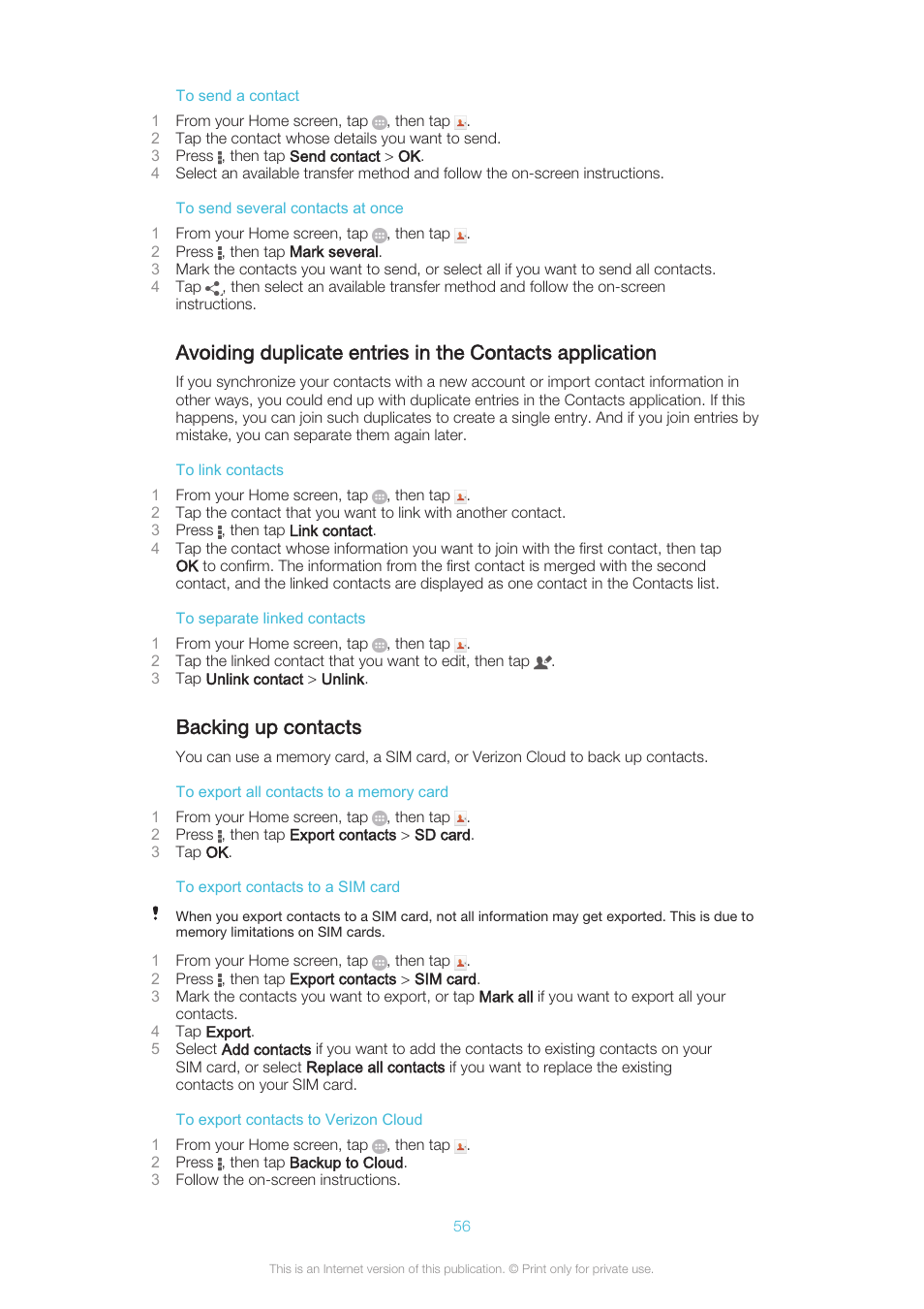 Backing up contacts | Sony XPERIA Z3v User Manual | Page 56 / 116