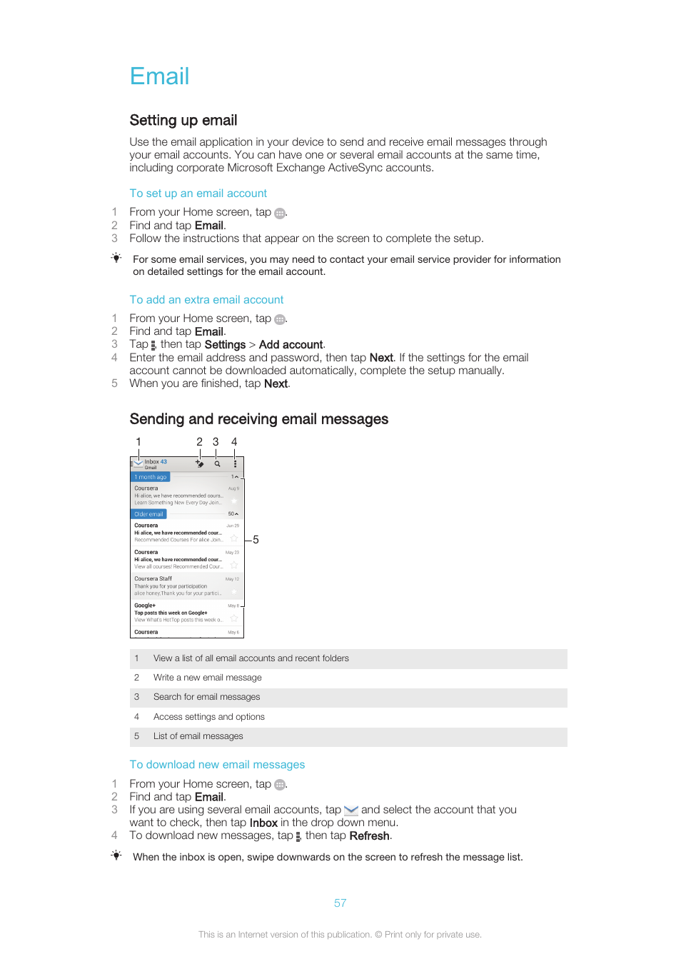 Email, Setting up email, Sending and receiving email messages | Sony XPERIA Z3v User Manual | Page 57 / 116