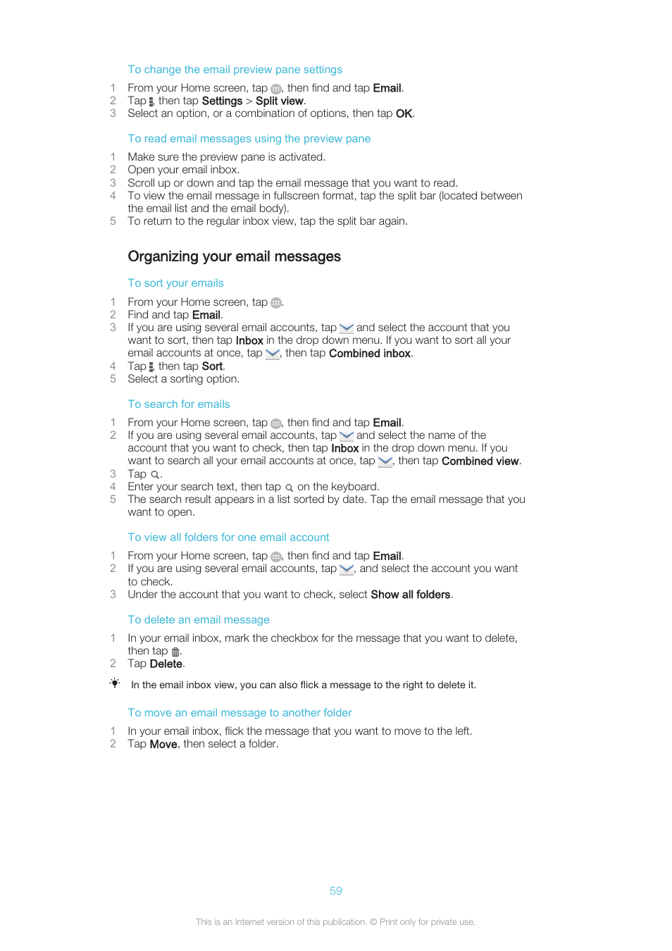 Organizing your email messages | Sony XPERIA Z3v User Manual | Page 59 / 116