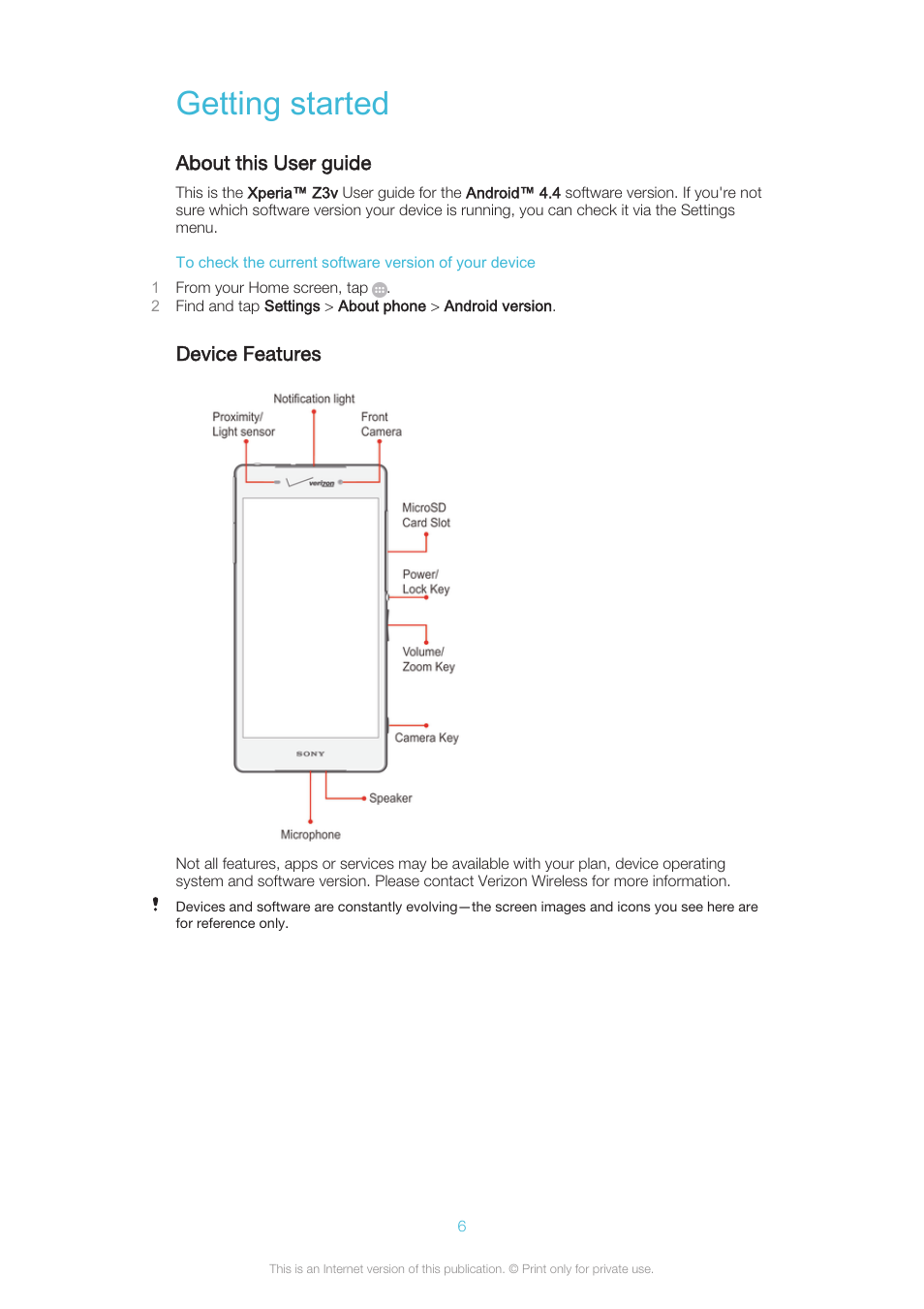 Getting started, About this user guide, Device features | Sony XPERIA Z3v User Manual | Page 6 / 116