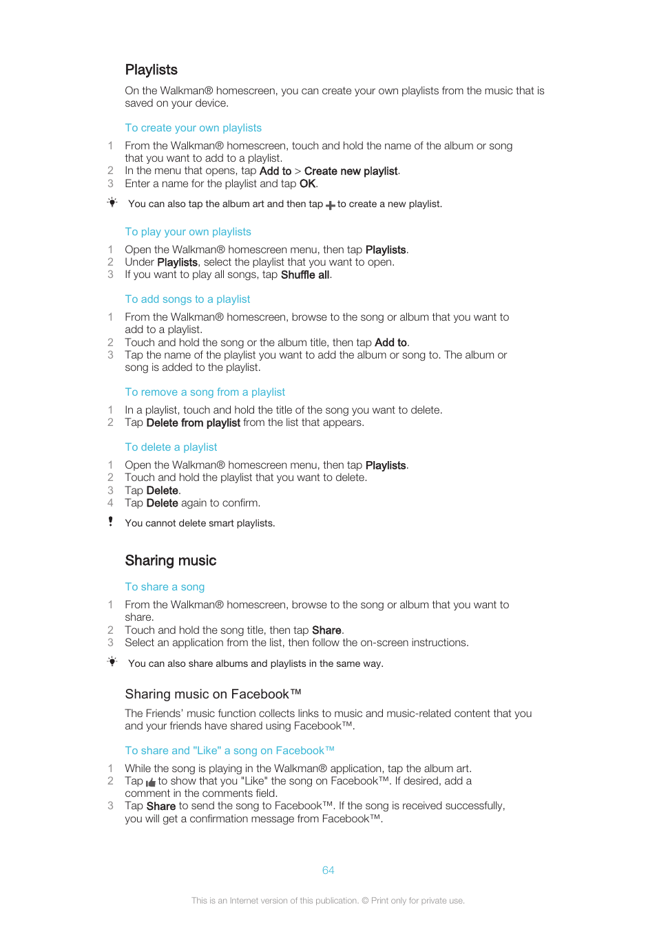 Playlists, Sharing music | Sony XPERIA Z3v User Manual | Page 64 / 116