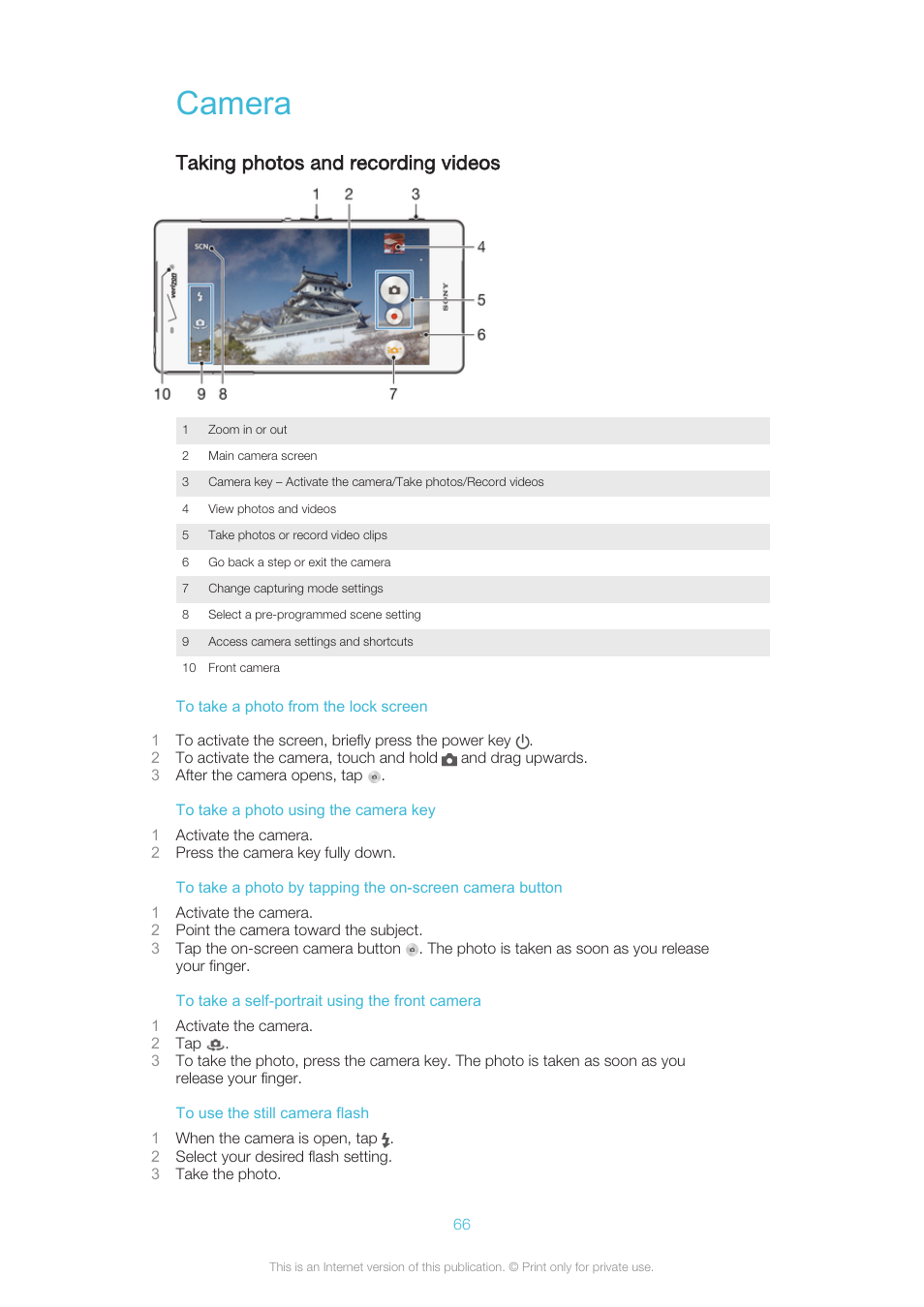 Camera, Taking photos and recording videos | Sony XPERIA Z3v User Manual | Page 66 / 116