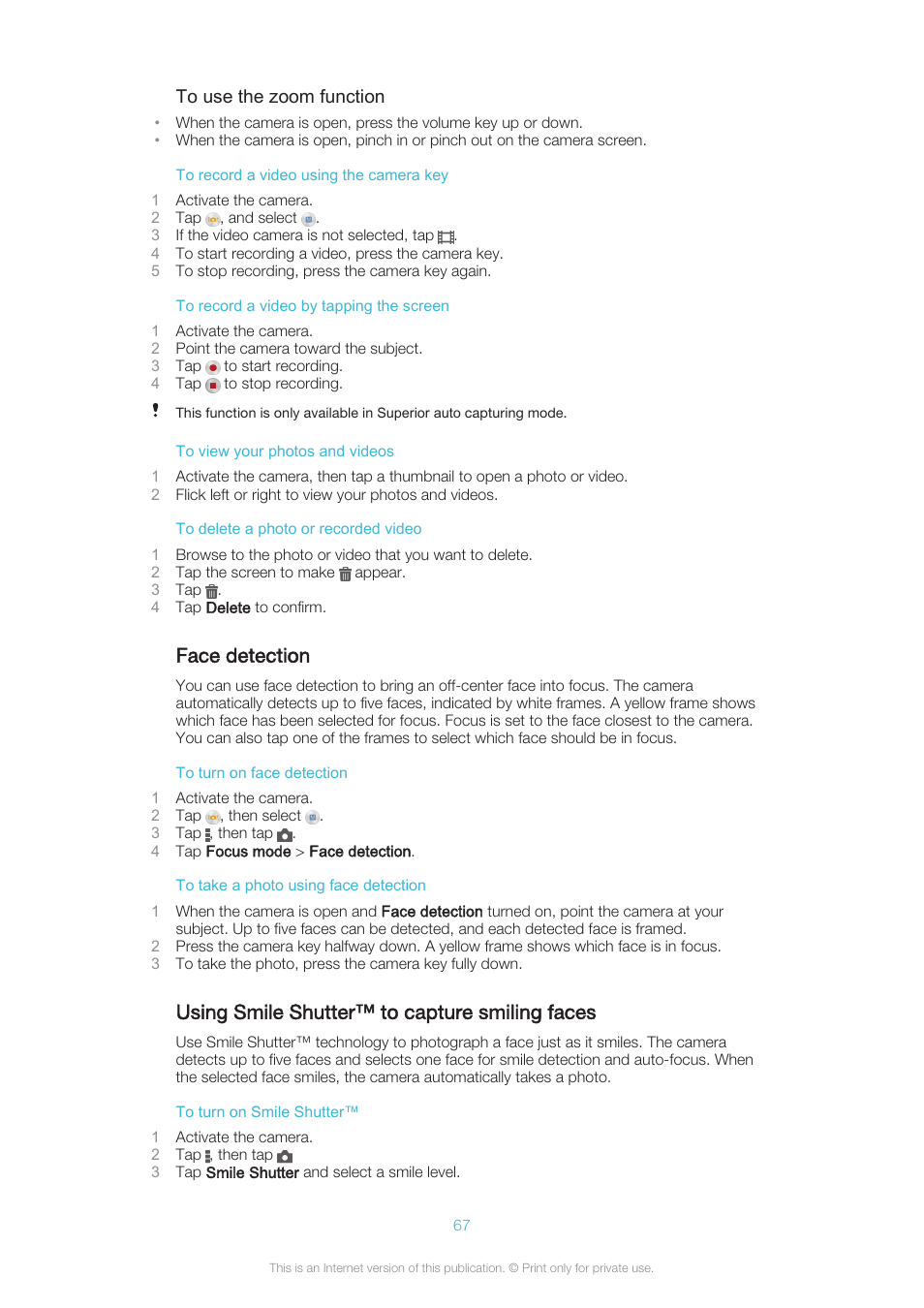 Face detection, Using smile shutter™‎ to capture smiling faces, Using smile shutter™ to capture smiling faces | Sony XPERIA Z3v User Manual | Page 67 / 116