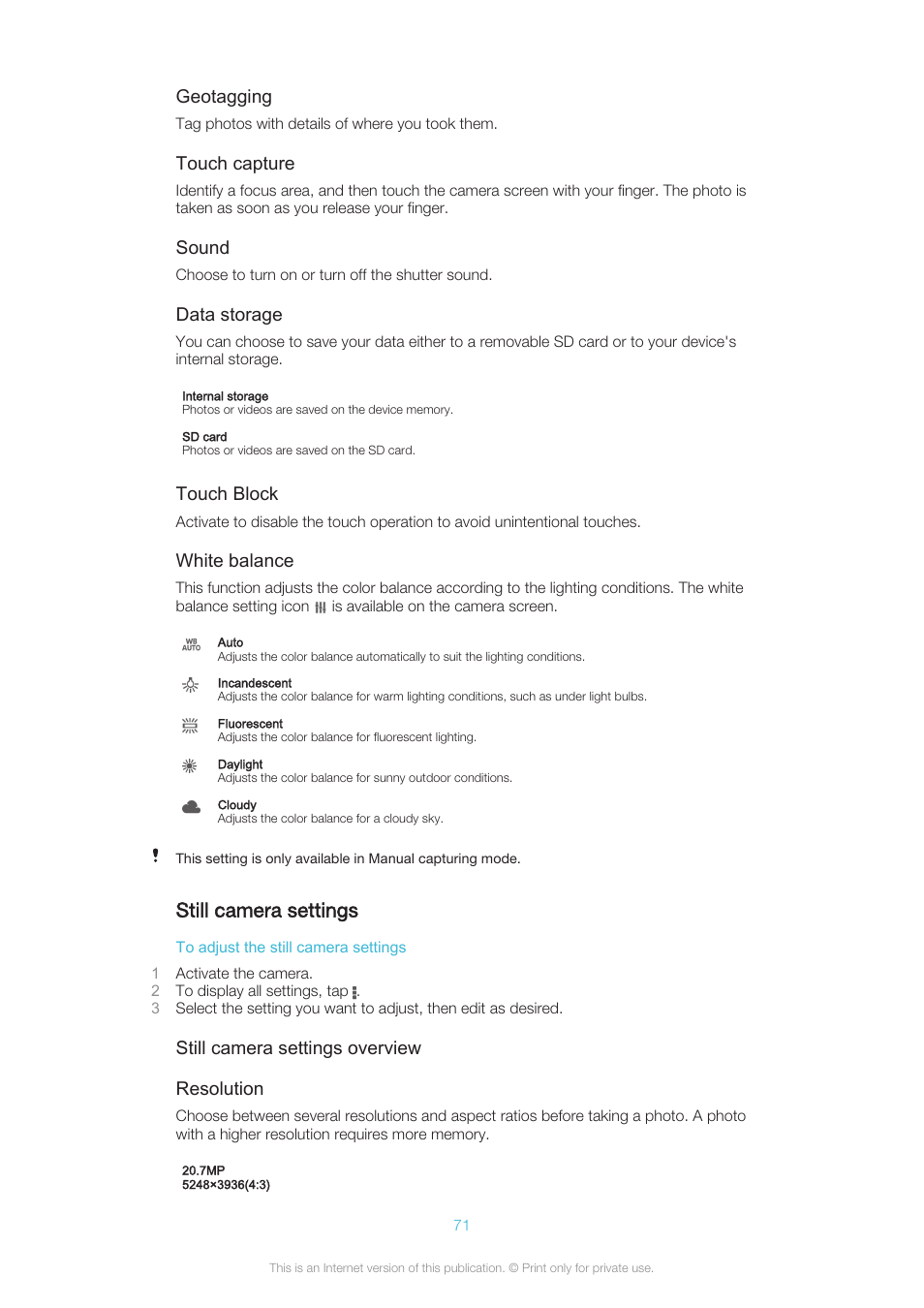 Still camera settings, Geotagging, Touch capture | Sound, Data storage, Touch block, White balance, Still camera settings overview resolution | Sony XPERIA Z3v User Manual | Page 71 / 116