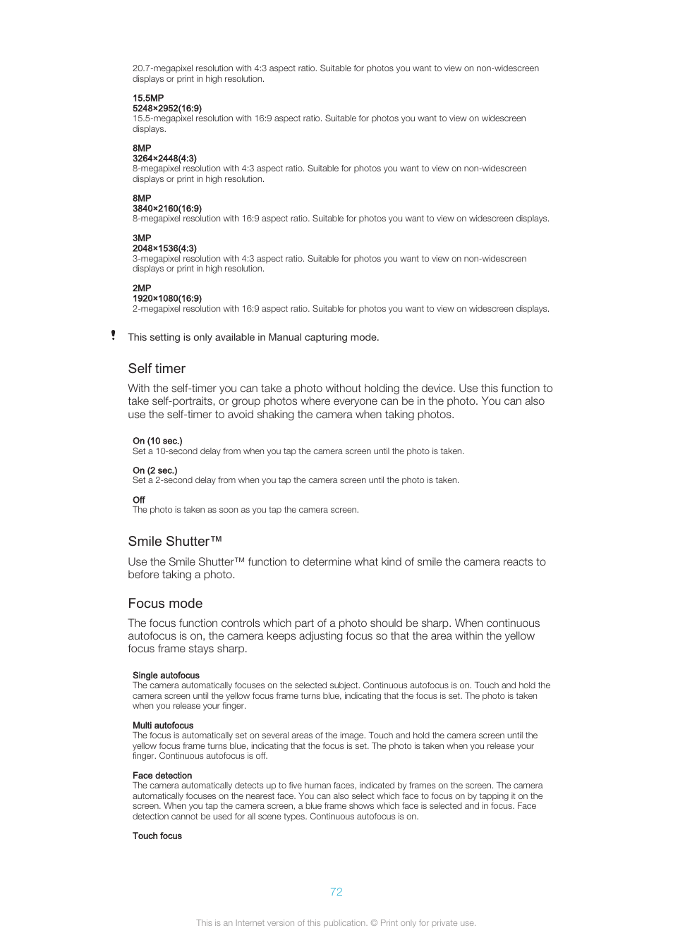 Self timer, Smile shutter, Focus mode | Sony XPERIA Z3v User Manual | Page 72 / 116