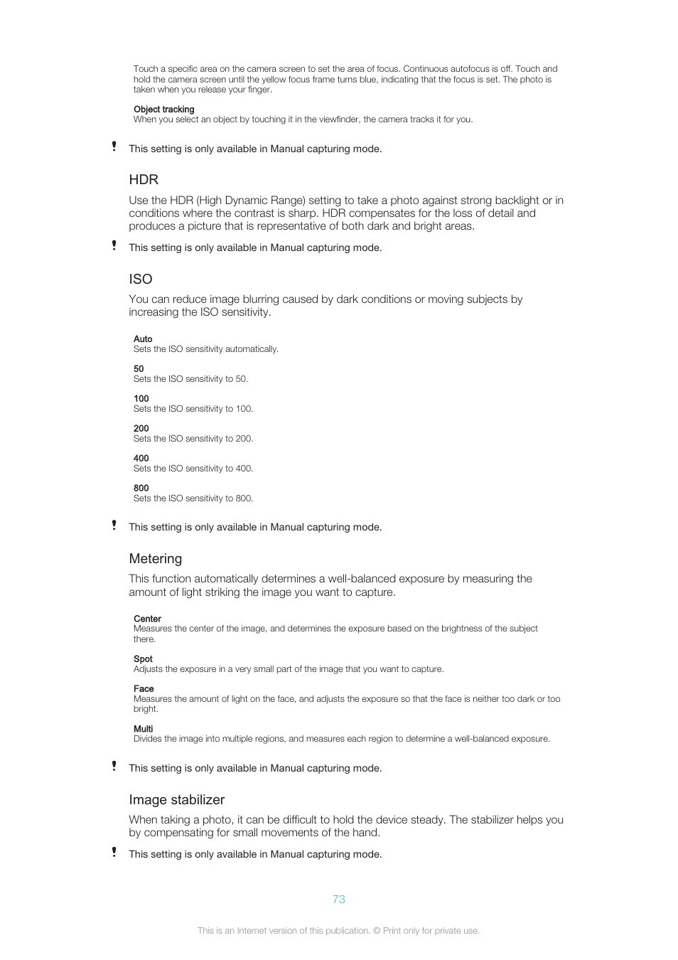 Metering, Image stabilizer | Sony XPERIA Z3v User Manual | Page 73 / 116