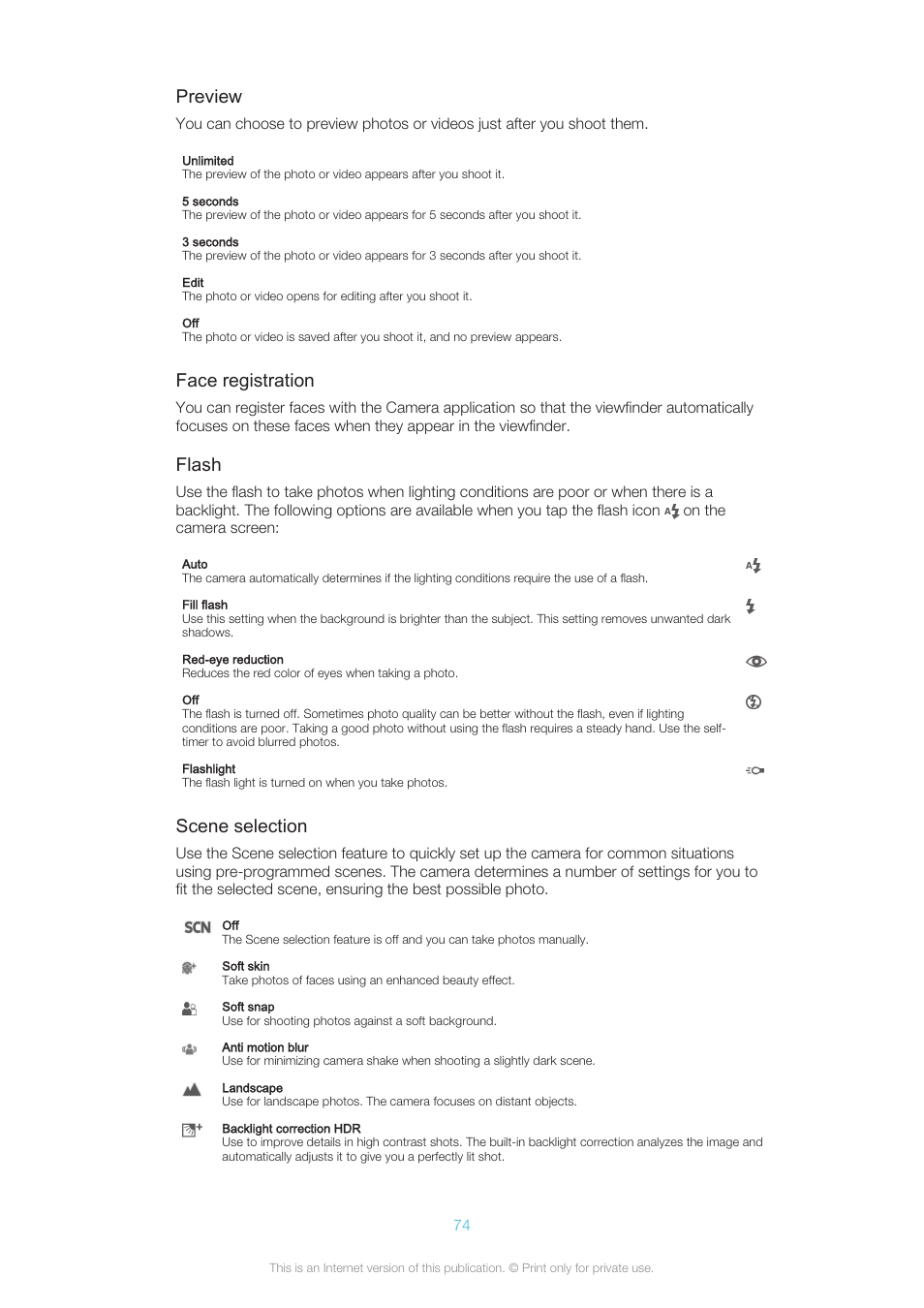 Preview, Face registration, Flash | Scene selection | Sony XPERIA Z3v User Manual | Page 74 / 116