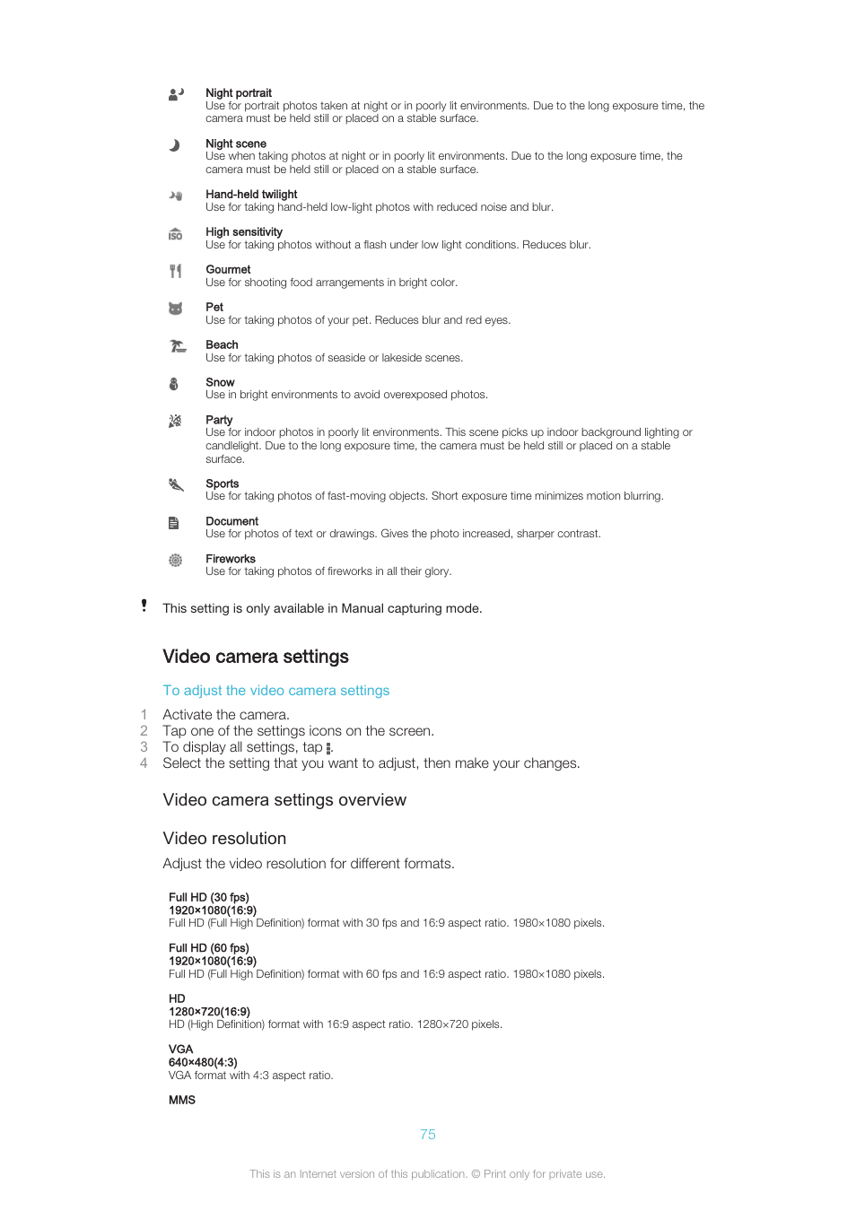 Video camera settings, Video camera settings overview video resolution | Sony XPERIA Z3v User Manual | Page 75 / 116