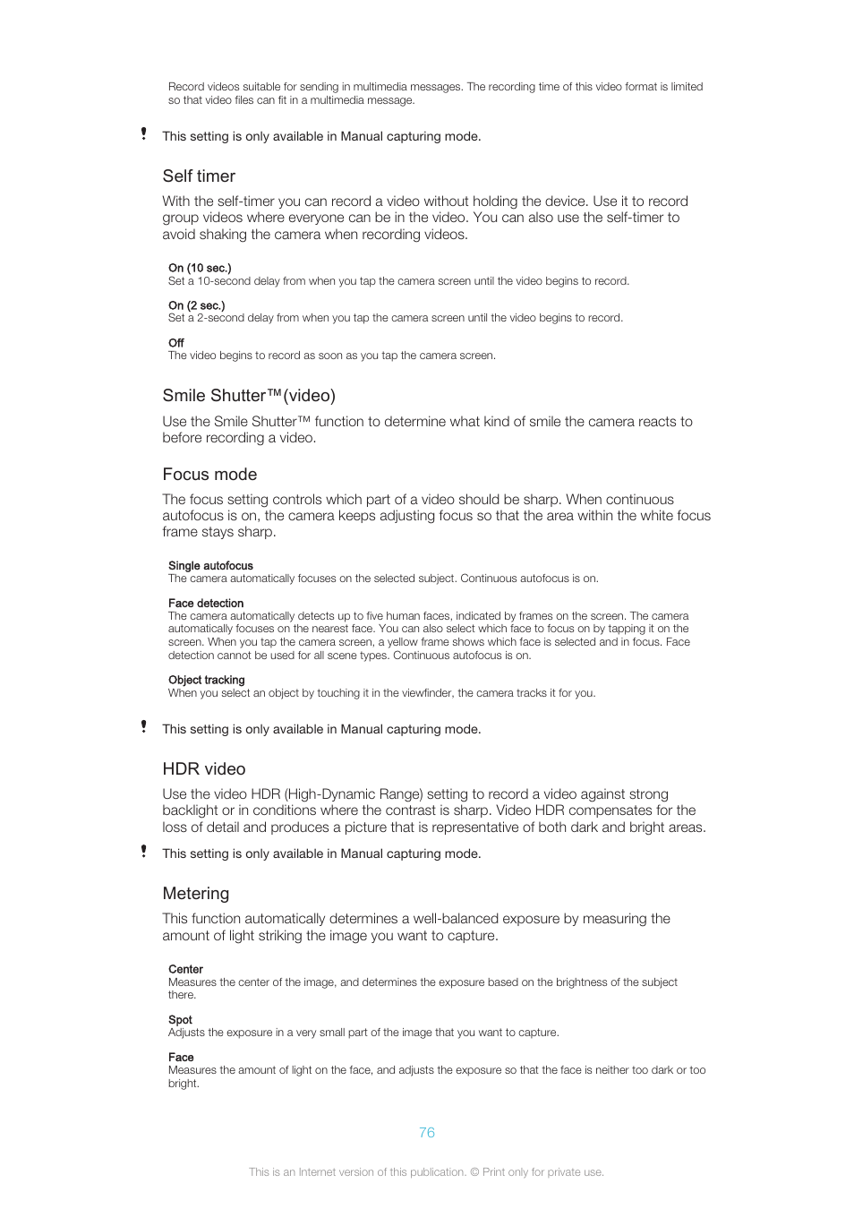 Self timer, Smile shutter™(video), Focus mode | Hdr video, Metering | Sony XPERIA Z3v User Manual | Page 76 / 116
