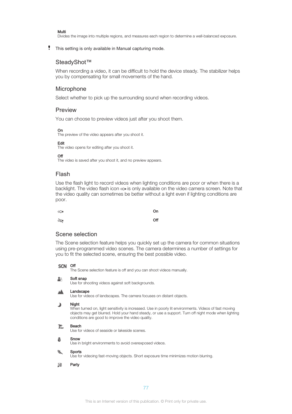 Steadyshot, Microphone, Preview | Flash, Scene selection | Sony XPERIA Z3v User Manual | Page 77 / 116