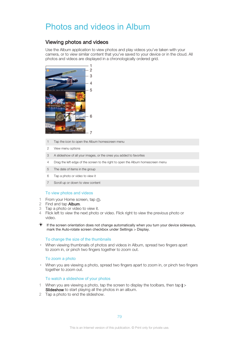 Photos and videos in album, Viewing photos and videos | Sony XPERIA Z3v User Manual | Page 79 / 116
