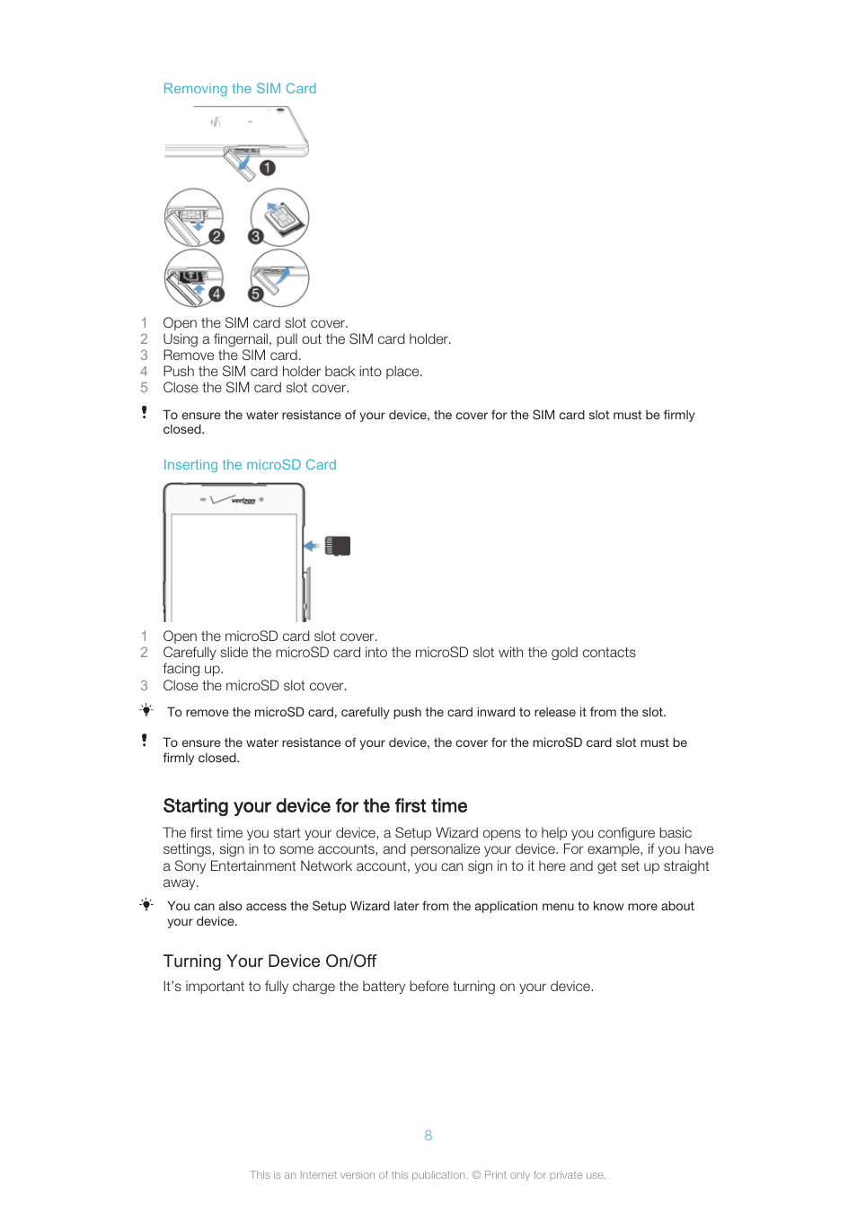 Starting your device for the first time | Sony XPERIA Z3v User Manual | Page 8 / 116